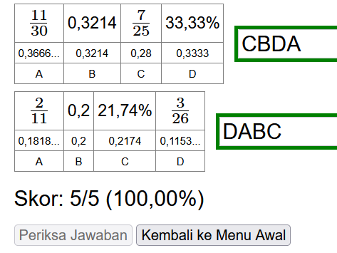 Dua soal mengurutkan pecahan beserta hasil pemeriksaannya yang ditandai dengan warna hijau pada kolom isian untuk jawaban benar